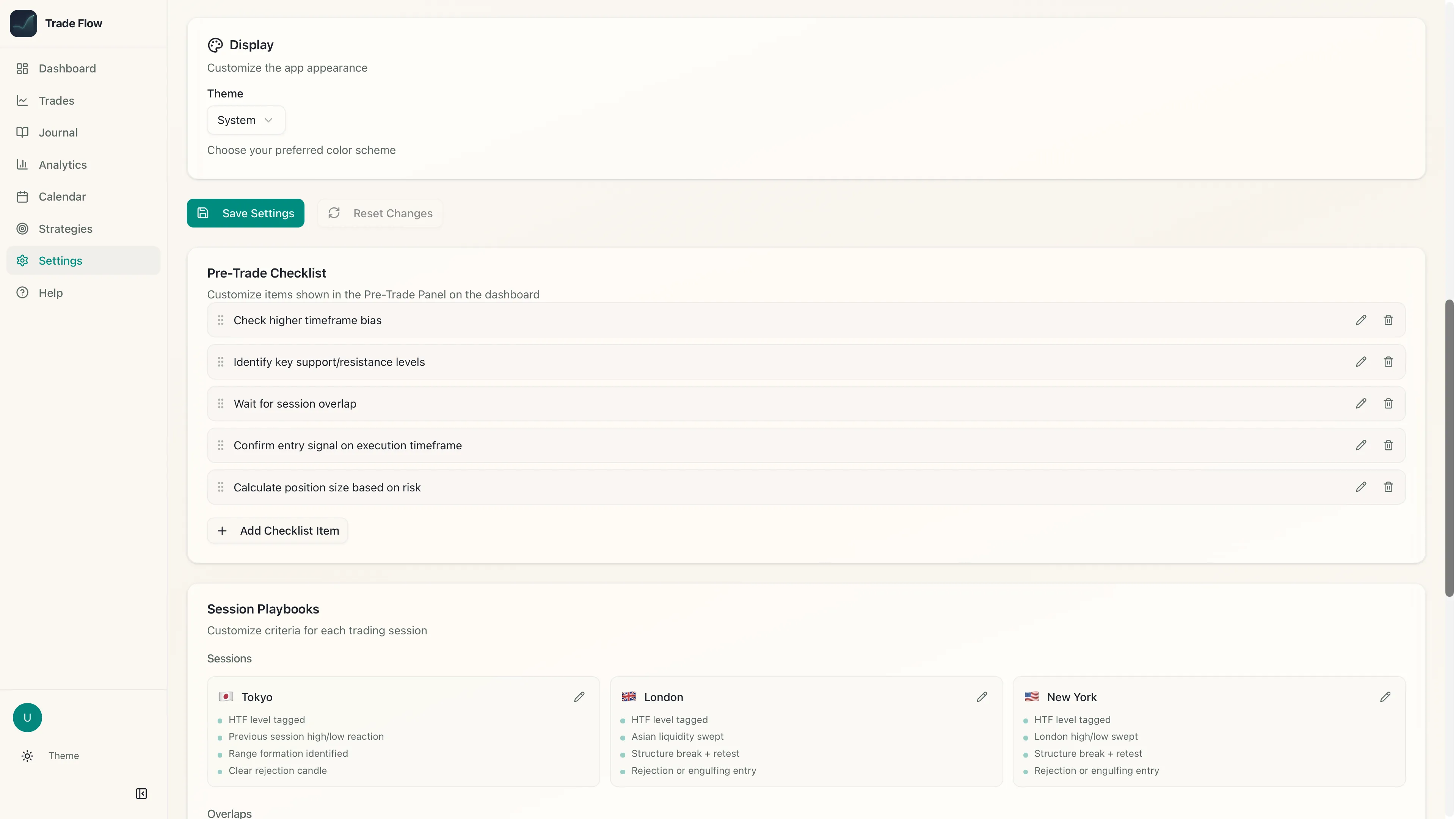 Settings and theme toggle